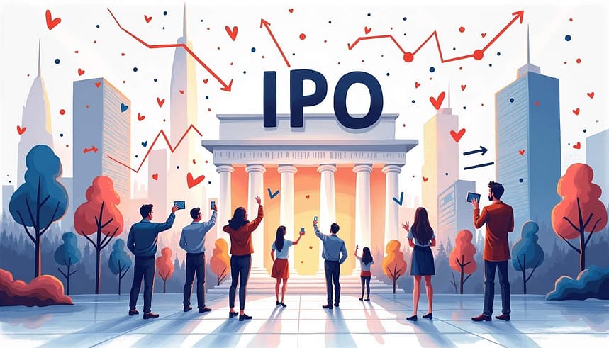 People standing outside building celebrating Initial Public Offering (IPO)