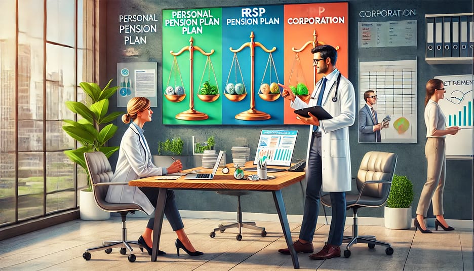 Female doctor sitting down speaking with another doctor who's standing at a table. There is a chart of scales comparing PPP vs RRSP vs Corporation and a lady looking at a chart in the background